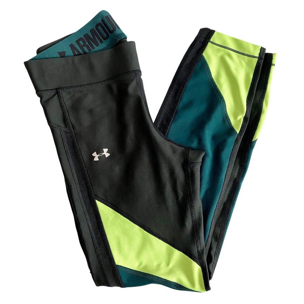 Under Armour Leggings Women's Small Neon Green Teal Black Capri Athletic Running